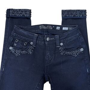 Miss Me Signature Cuffed Skinny Jeans 26 Black Distressed Embroidered Rhinestone